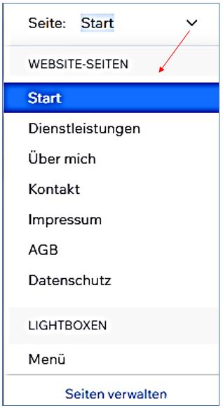 editor 20 linke 2. Zeile Seiten verwalten